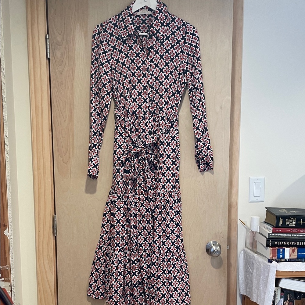 Boden Long-Sleeve Tie-Waist Shirt Maxi Dress in Navy, Red & White